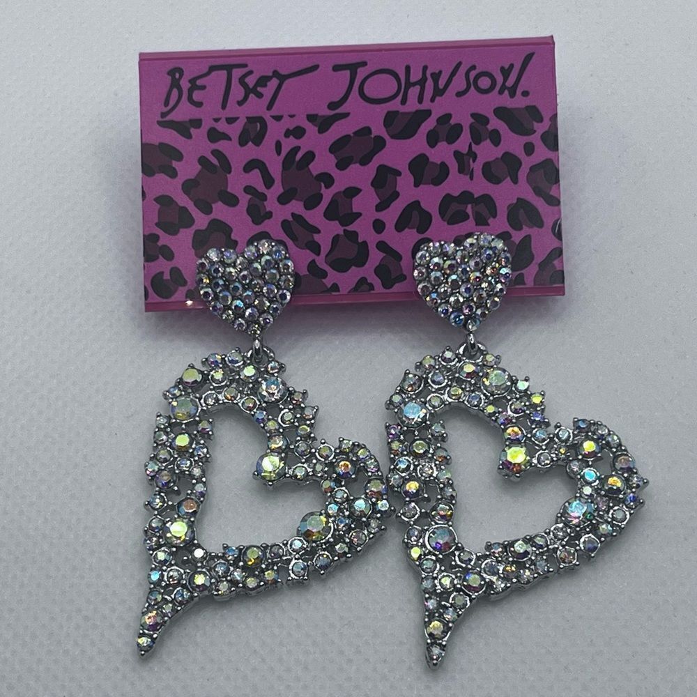 EARRINGS! Betsey Johnson Heart AB Crystal Post Dangle Earrings BNWT